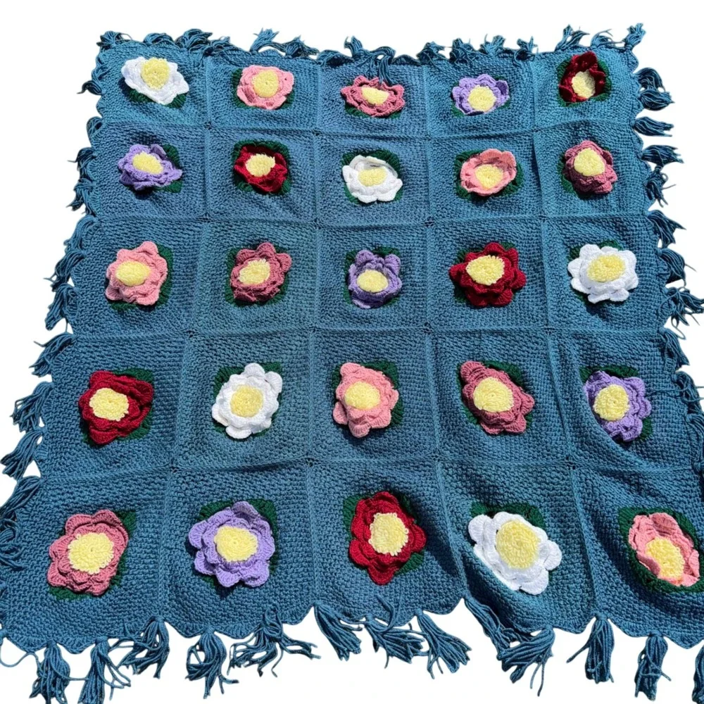 Vintage Handmade Crochet Floral Afghan Blanket Granny Square Fringe Cottagecore